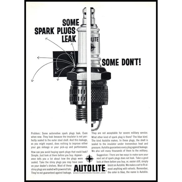 1961 Autolite Spark Plugs Don't Leak Vintage Print Ad Garage Mechanic Wall Art - Picture 1 of 1